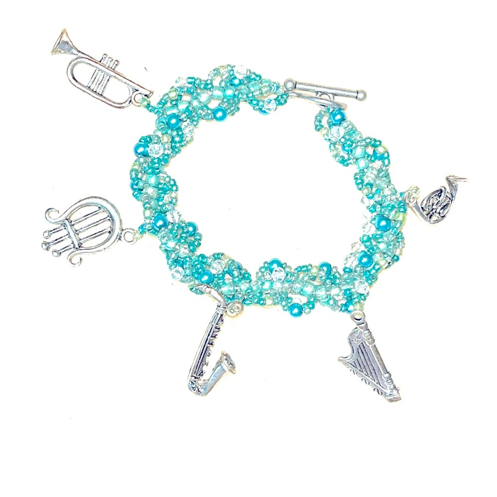 Aqua Teal Crystal & Pearl Music Charm Bracelet Trumpet Sax French Horn Harp